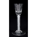 Mid-18th century cordial glass with moulded bowl, double-opaque twist stem on splayed foot,