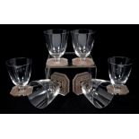 Set of six 1930s Rene Lalique Paquerettes pattern wine goblets with plain conical-shaped bowls,