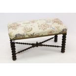 Victorian walnut long stool with upholstered seat on bobbin turned legs and cross stretcher