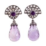Pair Art Deco style amethyst and diamond earrings each with a briolette cut amethyst drop suspended
