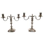 Pair contemporary cast silver two-branch candelabra with candlesticks of octagonal form,
