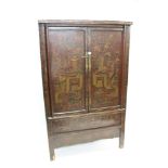 Chinese red lacquered cupboard with bronze doors,