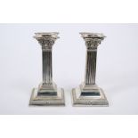 Pair Victorian silver 6 inch Corinthian column candlesticks with square columns on stepped and