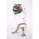 Victorian silver mounted claret jug in the form of an owl, with glass body and silver feet,