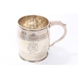 1930s silver christening mug of barrel form, with engraved monogram and date,