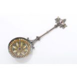 Scandinavian silver spoon with round bowl and plique-à-jour flower petal terminal,