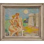 Edward Douglas Eade (1911 - 1984), oil on board - Lovers on Brighton Beach, circa 1965, framed,