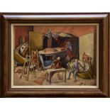 Donald Allen, mid-20th century oil on board - Boatbuilders, signed and inscribed on label verso,