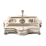 Late Victorian silver inkstand of rectangular form, with lobed sides,