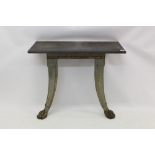Antique cast iron garden pier table with rectangular stone top on grey painted base with tablet