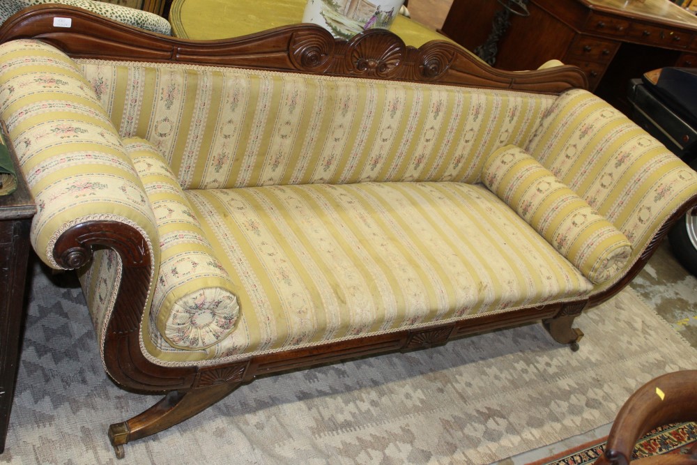 Regency mahogany scroll end sofa with undulating show-wood back and shaped satin upholstery on