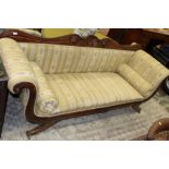 Regency mahogany scroll end sofa with undulating show-wood back and shaped satin upholstery on
