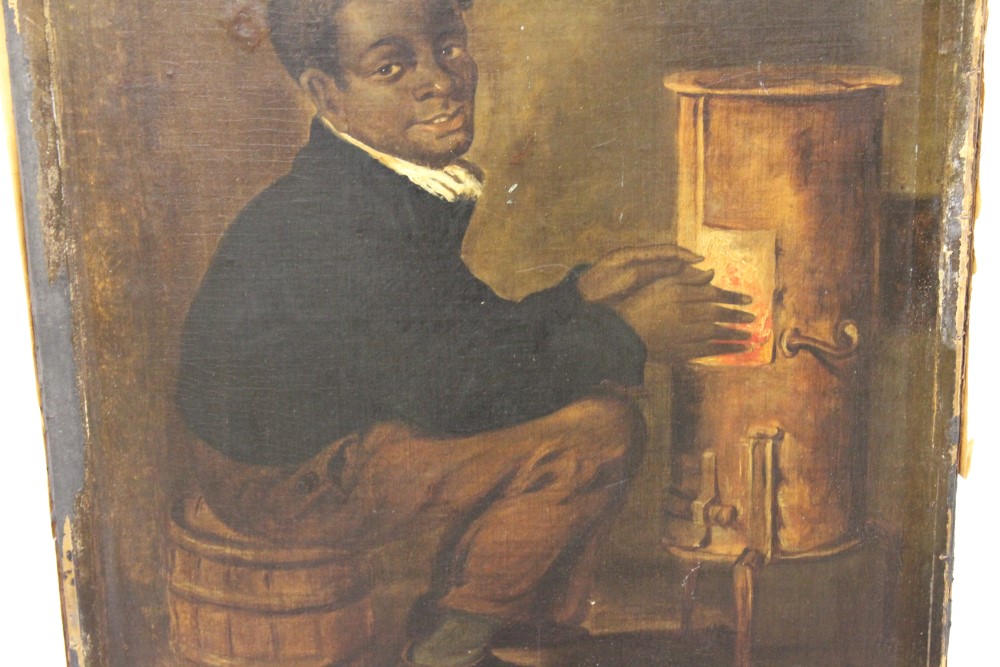 19th century American School oil on canvas laid on board - interior scene with a seated black boy - Image 3 of 5