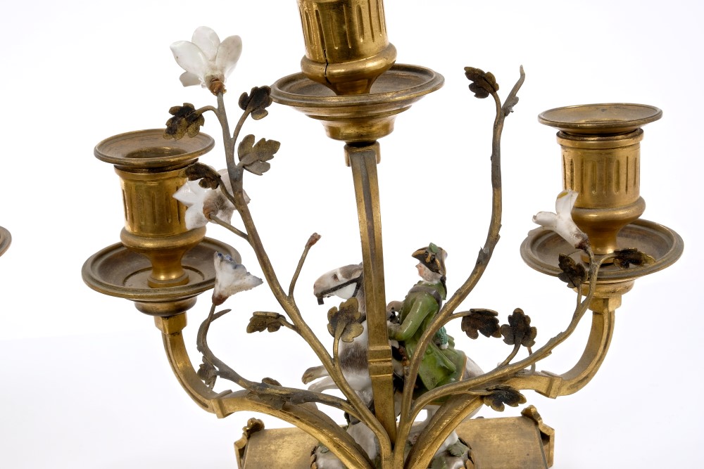 Pair 18th century Meissen miniature equestrian figures, with later gilt metal candelabra mounts, - Image 3 of 8