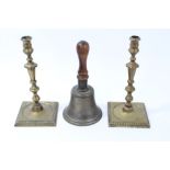 Pair of late 18th / early 19th century brass candlesticks, each with knopped faceted stem,