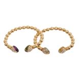 Pair fine quality 18ct gold diamond and gem set torque bangles each with gold beads and pavé-set