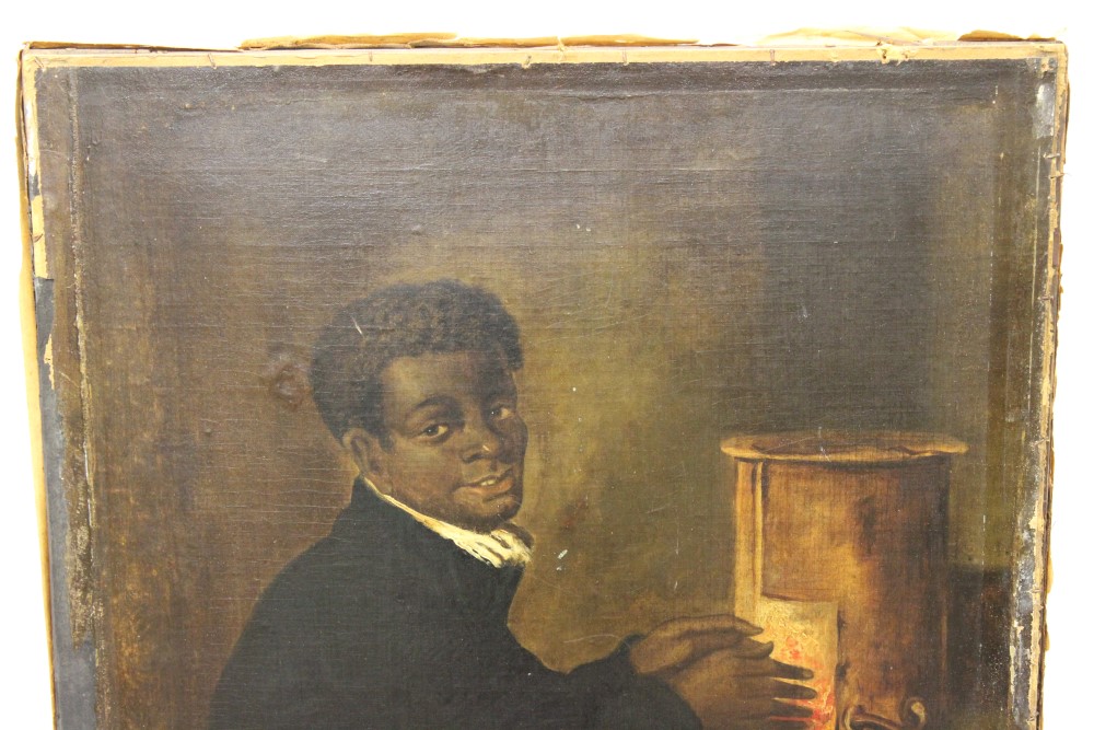 19th century American School oil on canvas laid on board - interior scene with a seated black boy - Image 2 of 5