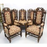 Set of eight Victorian carved oak dining chairs in the Carolean style,