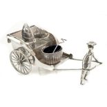 Late 19th / early 20th century Chinese silver condiment set in the form of a rickshaw and coolie,
