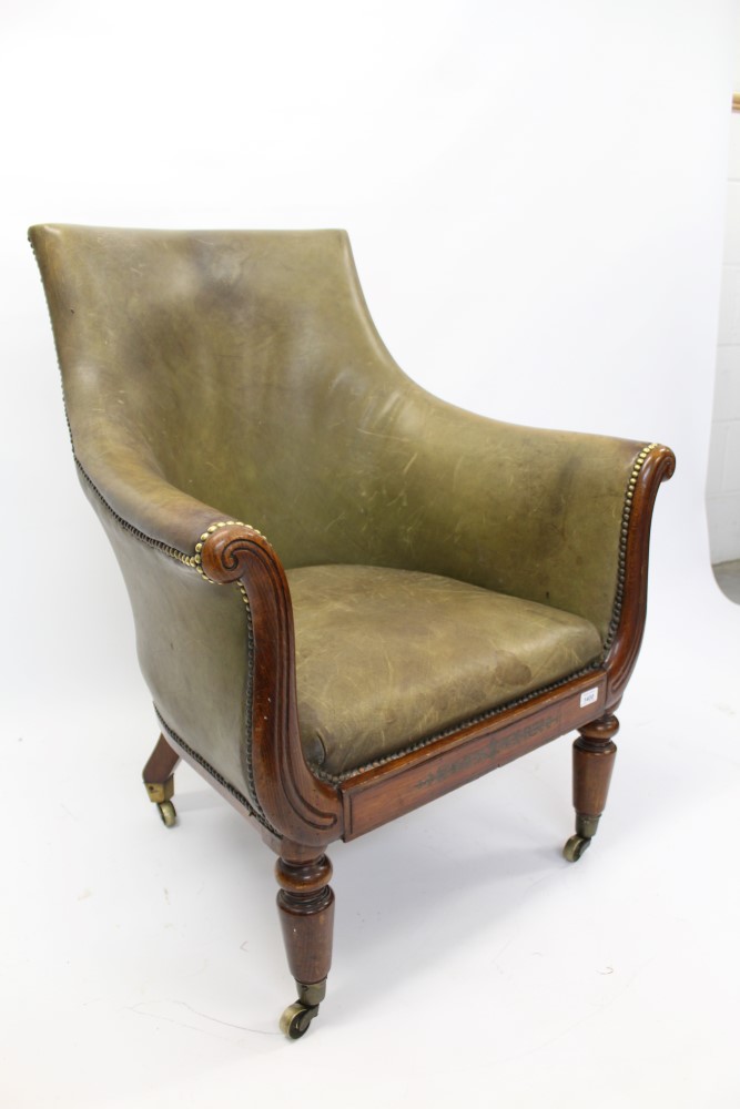 William IV rosewood beech and brass inlaid tub chair upholstered in close-stud green leather, - Image 2 of 3