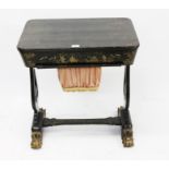 19th century Chinese black lacquered work table with hinged top enclosing fitted interior with