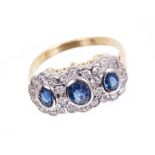 Sapphire and diamond triple flower cluster ring,