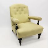 Victorian ebonised deep armchair with button-back lemon silk upholstery,