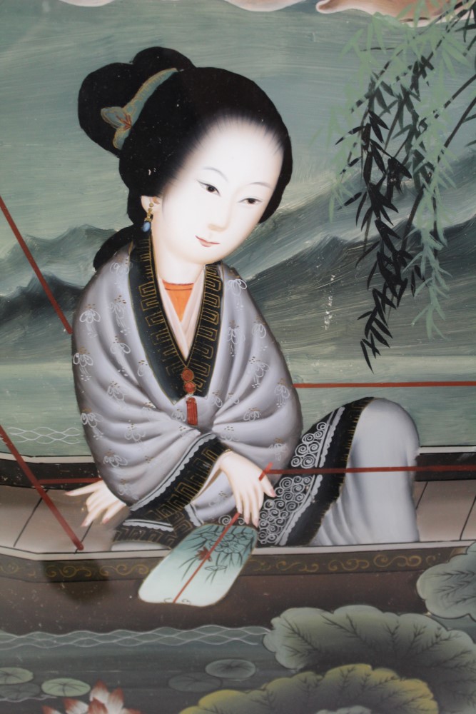 Antique Chinese reverse painting on glass depicting a female figure in a boat, - Image 2 of 4