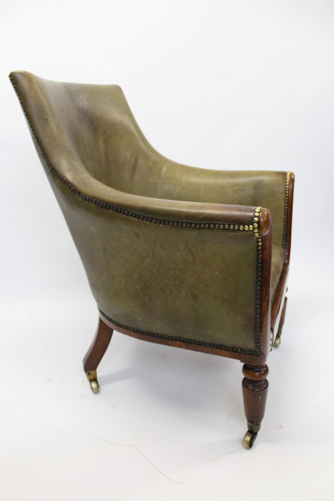 William IV rosewood beech and brass inlaid tub chair upholstered in close-stud green leather, - Image 3 of 3
