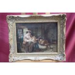 19th century English School oil on canvas - mother and baby in a cottage interior,