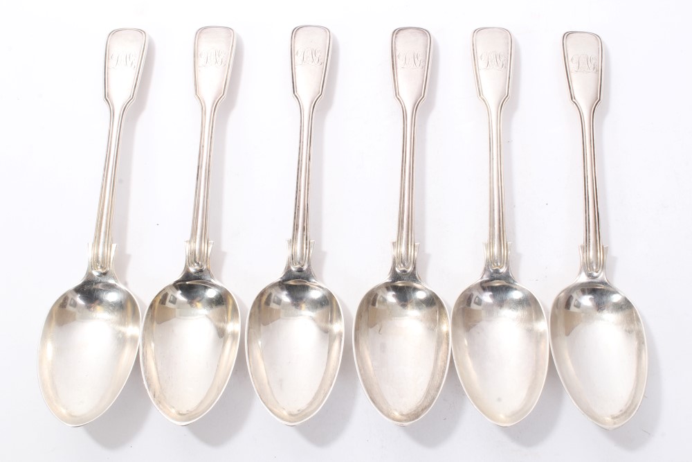 Set of six Victorian silver fiddle and thread pattern dessert spoons with engraved initials (London