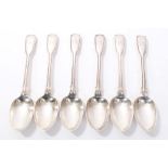 Set of six Victorian silver fiddle and thread pattern dessert spoons with engraved initials (London
