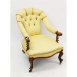 Victorian button back walnut armchair, lemon upholstery with spoon back,