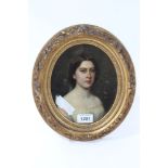 19th century English School oil on board - portrait of a lady, in oval gilt frame, 19.5cm x 15.