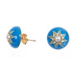 Pair Victorian-style turquoise enamel and seed pearl earrings,