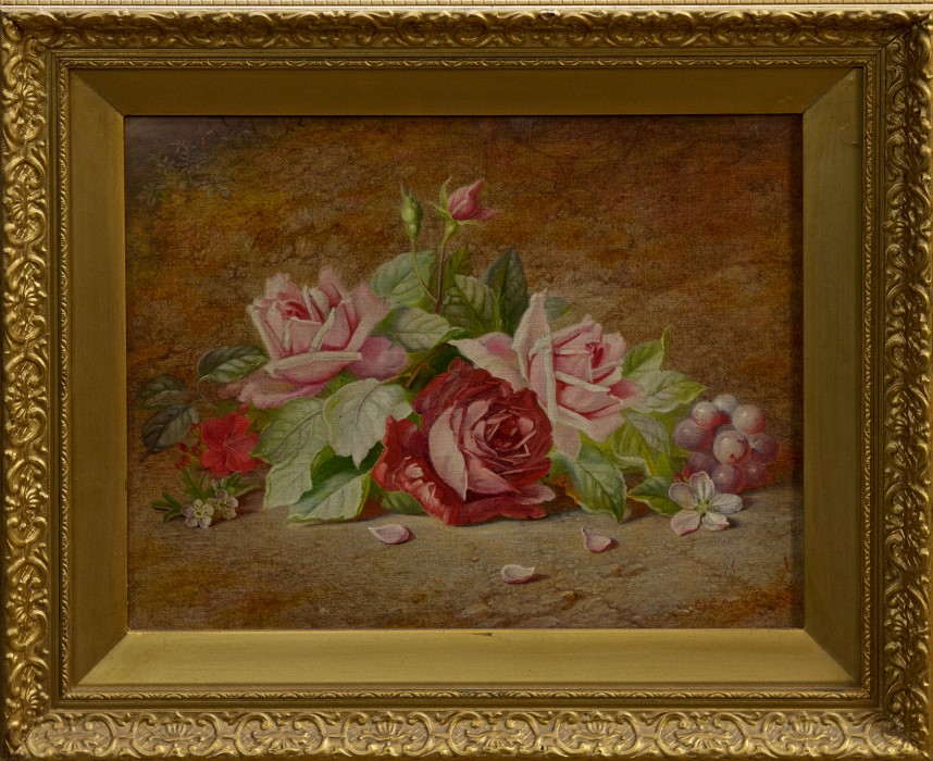Charles Archer (1855 - 1931), oil on canvas - still life of roses and grapes, signed, in gilt frame,