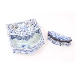 19th century Dutch Delft blue and white table box with painted figures, landscapes and flowers,