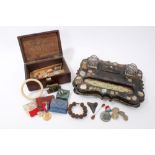 19th century oak box housing a small collection of antique curios - including small Megalodon tooth,