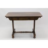 William IV rosewood stretcher table with rounded rectangular top and frieze drawer on bead moulded
