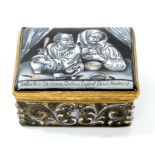 19th century French Limoges enamel box painted with figures, Latin inscription and floral scrolls,