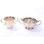 1930s silver two-handled bowl of flared form, with engraved monogram and date and scroll handles,