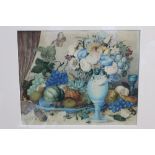 Victorian English School watercolour - still life of fruit, flowers and butterflies, signed J. D.