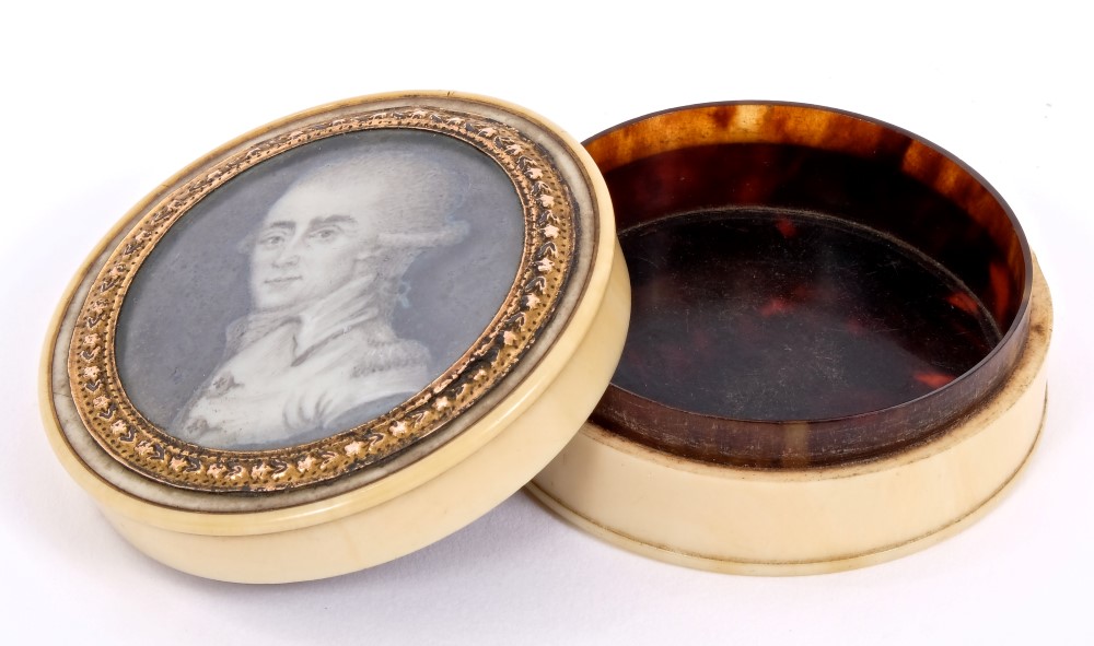 Early 19th century French ivory and portrait miniature inset box and cover,