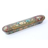 19th century Qajar lacquered papier máché pen box of typical sliding oval form,