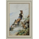 Santiago Arcos Y Megalde (1865 - 1912), watercolour - Shepherd and his dog sitting on a rock,