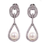 Pair of diamond and pearl pendant earrings, each with a 6.