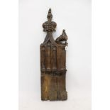 Scarce Medieval carved oak pew end, symmetrical standard form with buttress,