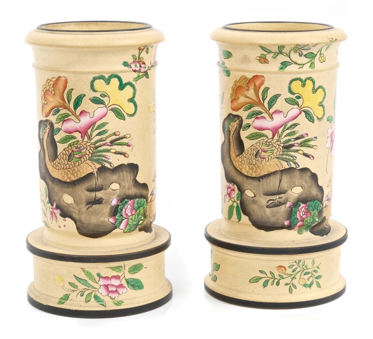 Pair Regency Spode caneware spill vases, circa 1815, painted with birds,