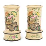 Pair Regency Spode caneware spill vases, circa 1815, painted with birds,