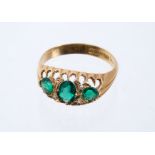 Early 20th century 18ct gold dress ring three oval green stones and rose-cut diamond chips in gold